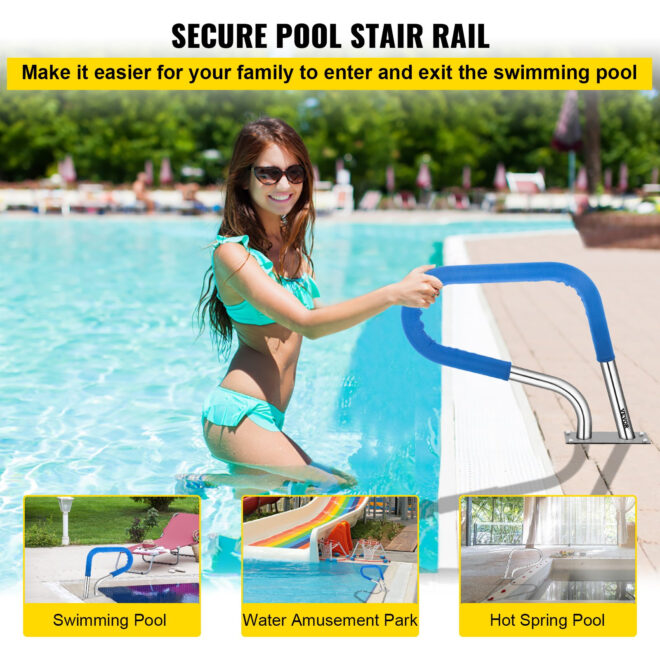 VEVOR Pool Rail 30x22 Pool Railing 304 Stainless Steel 250LBS Load Capacity Silver Rustproof Pool Handrail Humanized Swimming Pool Handrail with Blue Grip Cover & M8 Drill Bit & Self-Taping Screws - Image 2