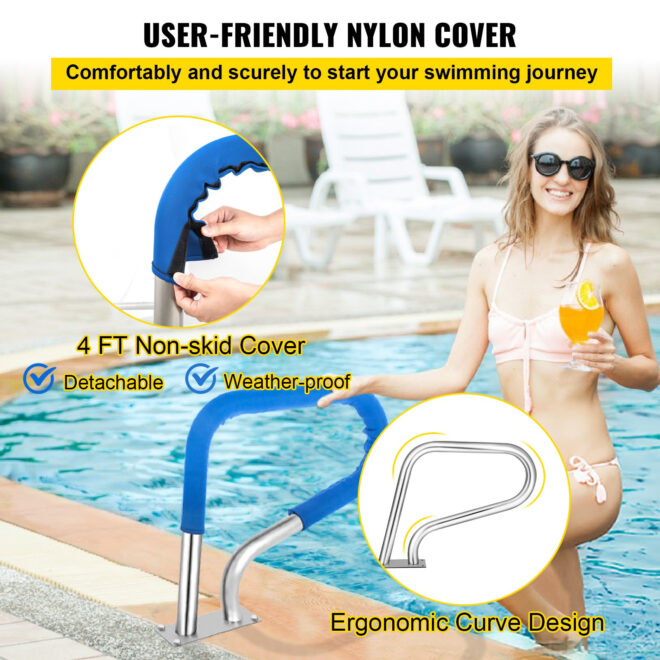 VEVOR Pool Rail 30x22 Pool Railing 304 Stainless Steel 250LBS Load Capacity Silver Rustproof Pool Handrail Humanized Swimming Pool Handrail with Blue Grip Cover & M8 Drill Bit & Self-Taping Screws - Image 3