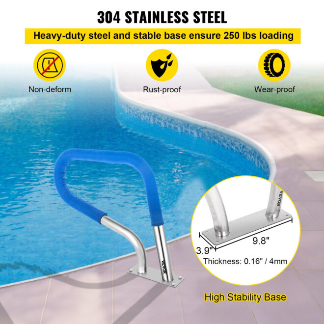 VEVOR Pool Rail 30x22 Pool Railing 304 Stainless Steel 250LBS Load Capacity Silver Rustproof Pool Handrail Humanized Swimming Pool Handrail with Blue Grip Cover & M8 Drill Bit & Self-Taping Screws - Image 4