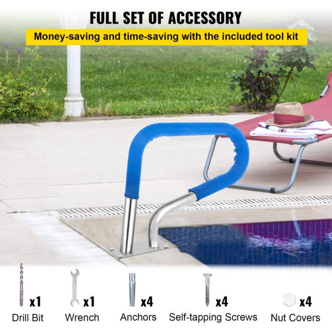 VEVOR Pool Rail 30x22 Pool Railing 304 Stainless Steel 250LBS Load Capacity Silver Rustproof Pool Handrail Humanized Swimming Pool Handrail with Blue Grip Cover & M8 Drill Bit & Self-Taping Screws - Image 6