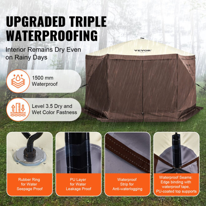 VEVOR Pop Up Gazebo Tent, Pop-Up Screen Tent 6 Sided Canopy Sun Shelter with 6 Removable Privacy Wind Cloths & Mesh Windows, 11.5x11.5FT Quick Set Screen Tent with Mosquito Netting, Brown - Image 3