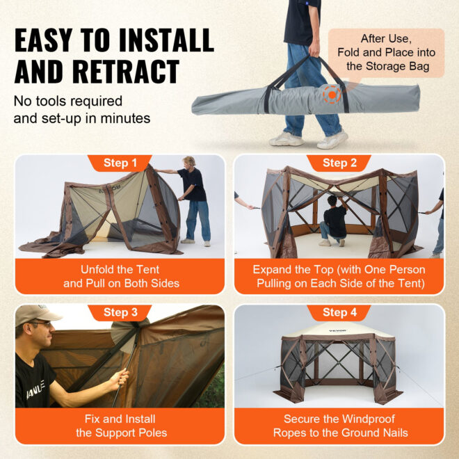 VEVOR Pop Up Gazebo Tent, Pop-Up Screen Tent 6 Sided Canopy Sun Shelter with 6 Removable Privacy Wind Cloths & Mesh Windows, 11.5x11.5FT Quick Set Screen Tent with Mosquito Netting, Brown - Image 5