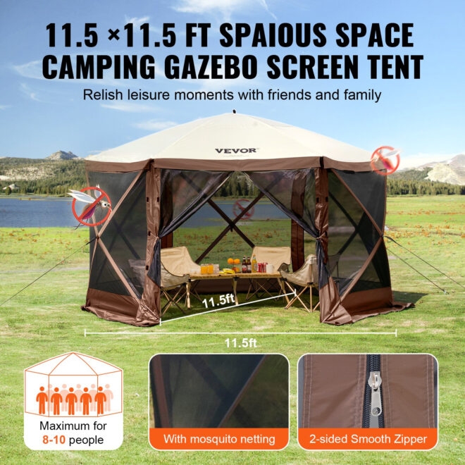 VEVOR Pop Up Gazebo Tent, Pop-Up Screen Tent 6 Sided Canopy Sun Shelter with 6 Removable Privacy Wind Cloths & Mesh Windows, 11.5x11.5FT Quick Set Screen Tent with Mosquito Netting, Brown - Image 6
