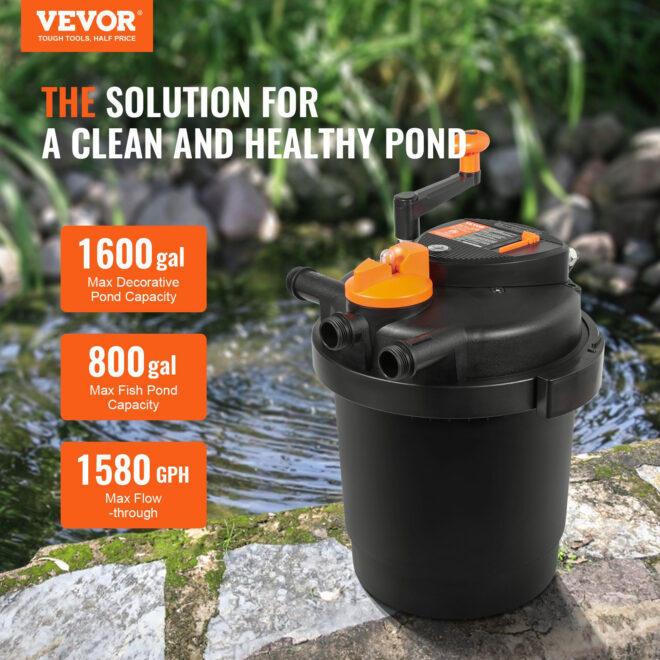 VEVOR Bio Pressure Pond Filter, Up to 1600 Gallons, with 13W UV-C Light, 1580 GPH, Pressurized Biological Pond Filter System Filtration Equipment for Fountain Pool, Koi Fish Aquarium Tank Garden Water - Image 2