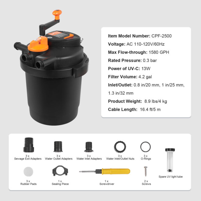 VEVOR Bio Pressure Pond Filter, Up to 1600 Gallons, with 13W UV-C Light, 1580 GPH, Pressurized Biological Pond Filter System Filtration Equipment for Fountain Pool, Koi Fish Aquarium Tank Garden Water - Image 7