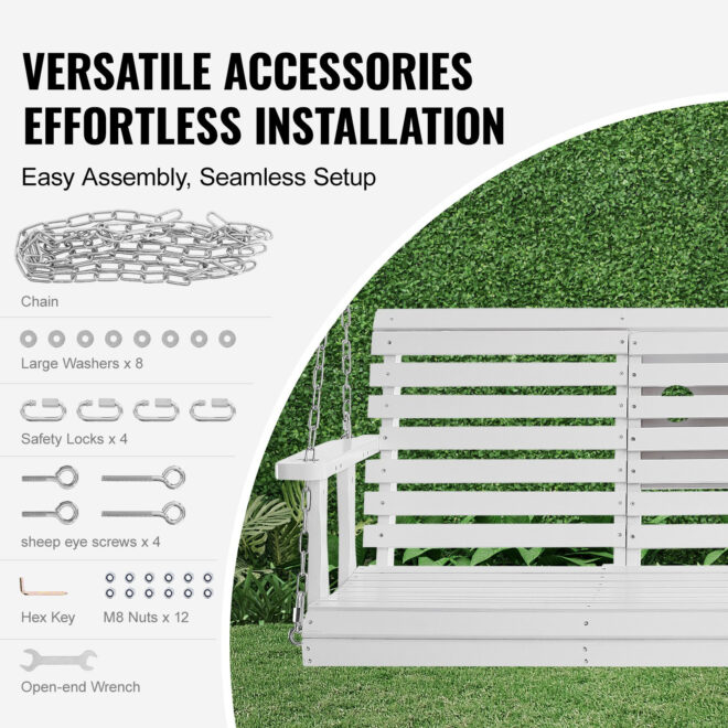 VEVOR Wooden Porch Swing 5 ft, Patio bench swing for Courtyard & Garden, Upgraded 880 lbs Strong Load Capacity, Heavy Duty Swing Chair Bench with Hanging Chains for Outdoors, White - Image 5