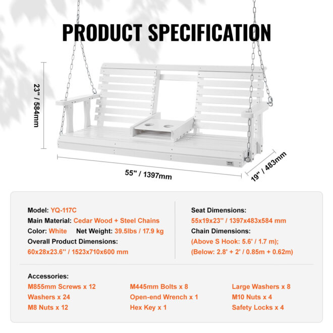 VEVOR Wooden Porch Swing 5 ft, Patio bench swing for Courtyard & Garden, Upgraded 880 lbs Strong Load Capacity, Heavy Duty Swing Chair Bench with Hanging Chains for Outdoors, White - Image 7
