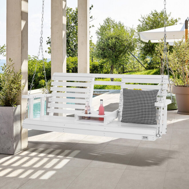 VEVOR Wooden Porch Swing 5 ft, Patio bench swing for Courtyard & Garden, Upgraded 880 lbs Strong Load Capacity, Heavy Duty Swing Chair Bench with Hanging Chains for Outdoors, White - Image 8