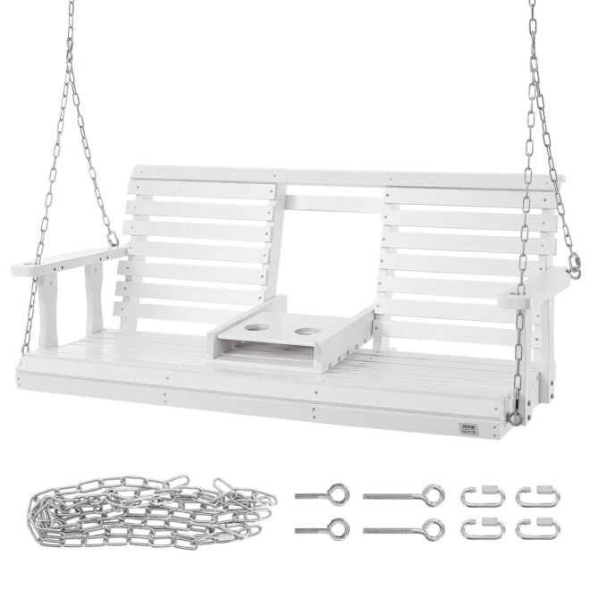 VEVOR Wooden Porch Swing 5 ft, Patio bench swing for Courtyard & Garden, Upgraded 880 lbs Strong Load Capacity, Heavy Duty Swing Chair Bench with Hanging Chains for Outdoors, White - Image 9