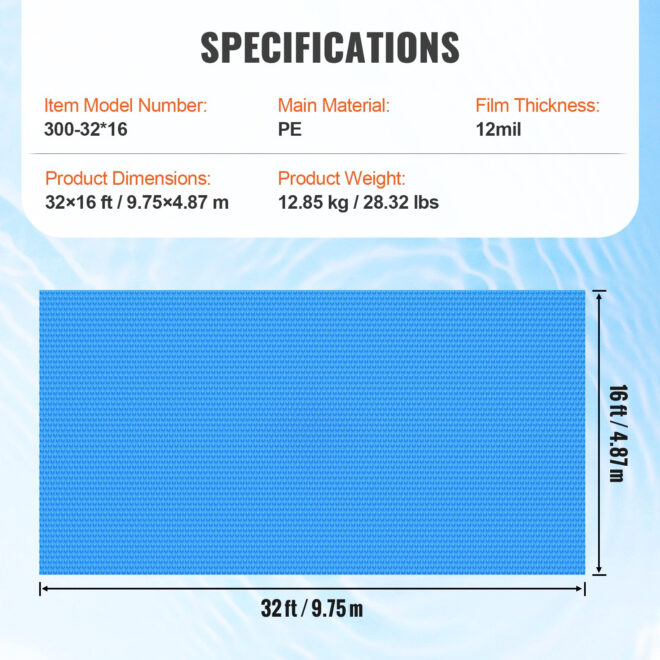 VEVOR Solar Pool Cover, 32 x 16 ft Rectangle Solar Blanket for Pools, Inground Above Ground Swimming Pool Solar Cover, 12 mil Solar Covers Blue - Image 7