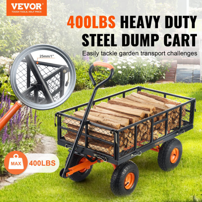 VEVOR Dump Cart, Metal Garden Dump Cart with Easy to Assemble Frame, Dump Wagon with 2-in-1 Convertible Handle, Utility Wheelbarrow 400 lbs Capacity, 10 inch Tires - Image 2