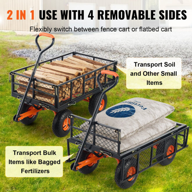 VEVOR Dump Cart, Metal Garden Dump Cart with Easy to Assemble Frame, Dump Wagon with 2-in-1 Convertible Handle, Utility Wheelbarrow 400 lbs Capacity, 10 inch Tires - Image 4