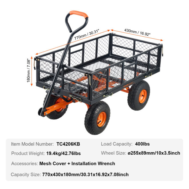 VEVOR Dump Cart, Metal Garden Dump Cart with Easy to Assemble Frame, Dump Wagon with 2-in-1 Convertible Handle, Utility Wheelbarrow 400 lbs Capacity, 10 inch Tires - Image 7