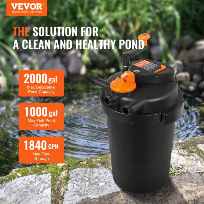 VEVOR Bio Pressure Pond Filter, Up to 2000 Gallons, with 13W UV-C Light, 1840 GPH, Pressurized Biological Pond Filter System Filtration Equipment for Fountain Pool, Koi Fish Aquarium Tank Garden Water - Image 2