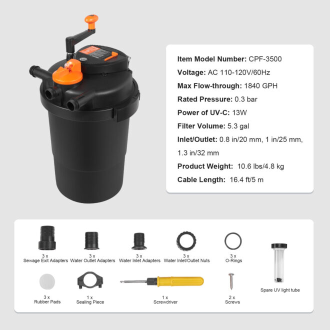 VEVOR Bio Pressure Pond Filter, Up to 2000 Gallons, with 13W UV-C Light, 1840 GPH, Pressurized Biological Pond Filter System Filtration Equipment for Fountain Pool, Koi Fish Aquarium Tank Garden Water - Image 7