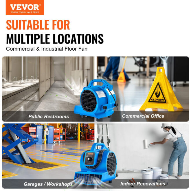 VEVOR Floor Blower 1360 RPM 600 CFM Air Mover with 4 Blowing Angles 3-Speeds - Image 2