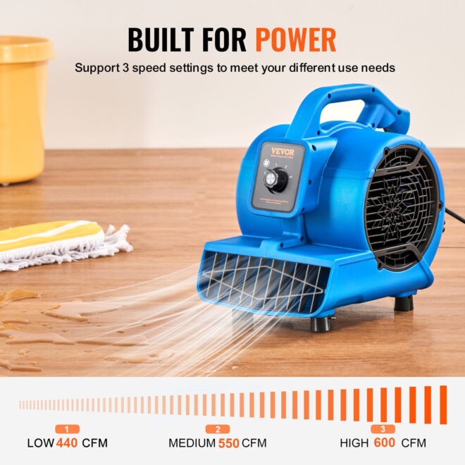 VEVOR Floor Blower 1360 RPM 600 CFM Air Mover with 4 Blowing Angles 3-Speeds - Image 3