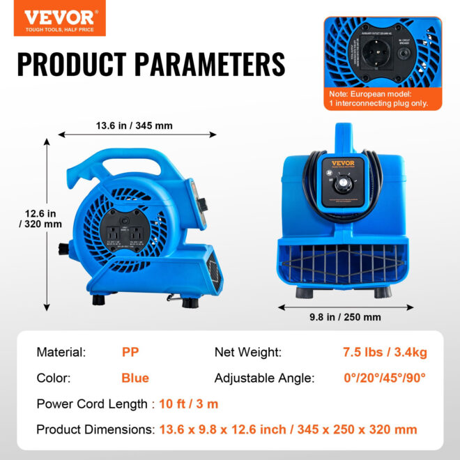 VEVOR Floor Blower 1360 RPM 600 CFM Air Mover with 4 Blowing Angles 3-Speeds - Image 7