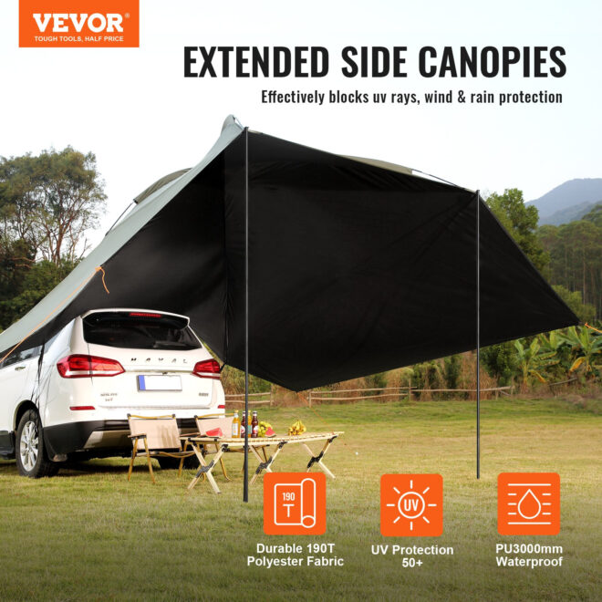 VEVOR Vehicle Awning, Large 10' x 7' Shade Coverage Car Side Awning, PU2000mm UV50+ Car Awning with Extended Side Canopies and Portable Storage Bag, Suitable for Truck, SUV, Van, Campers - Image 2