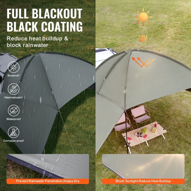 VEVOR Vehicle Awning, Large 10' x 7' Shade Coverage Car Side Awning, PU2000mm UV50+ Car Awning with Extended Side Canopies and Portable Storage Bag, Suitable for Truck, SUV, Van, Campers - Image 4