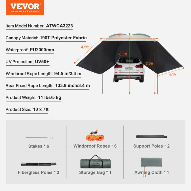 VEVOR Vehicle Awning, Large 10' x 7' Shade Coverage Car Side Awning, PU2000mm UV50+ Car Awning with Extended Side Canopies and Portable Storage Bag, Suitable for Truck, SUV, Van, Campers - Image 7