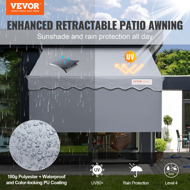 VEVOR Manual Retractable Awning, 78" Outdoor Retractable Patio Awning Sunshade Shelter, Adjustable Patio Door Window Awning Canopy with 39" Sun Shade Curtain for Backyard, Garden, Balcony - Image 2