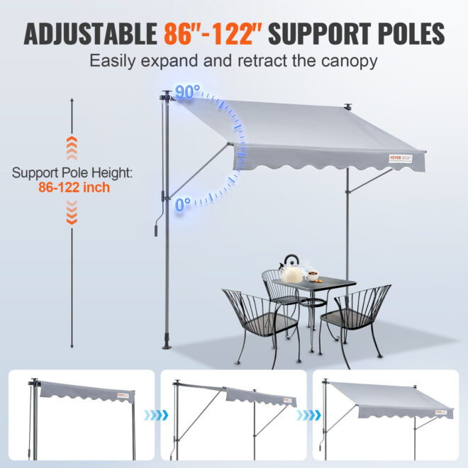 VEVOR Manual Retractable Awning, 78" Outdoor Retractable Patio Awning Sunshade Shelter, Adjustable Patio Door Window Awning Canopy with 39" Sun Shade Curtain for Backyard, Garden, Balcony - Image 4