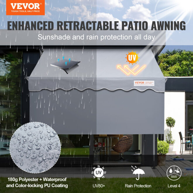 VEVOR Manual Retractable Awning, 118" Outdoor Retractable Patio Awning Sunshade Shelter, Adjustable Patio Door Window Awning Canopy with 39" Sun Shade Curtain for Backyard, Garden, Balcony - Image 2