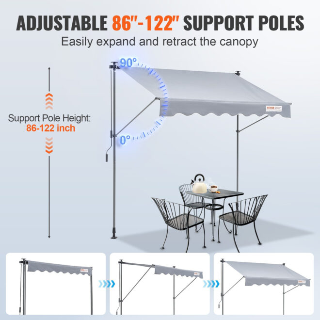 VEVOR Manual Retractable Awning, 118" Outdoor Retractable Patio Awning Sunshade Shelter, Adjustable Patio Door Window Awning Canopy with 39" Sun Shade Curtain for Backyard, Garden, Balcony - Image 4