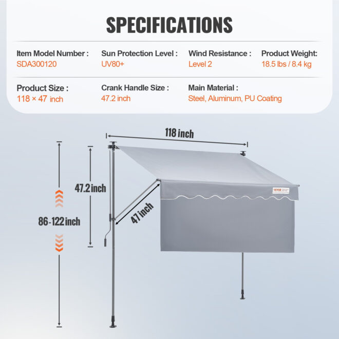 VEVOR Manual Retractable Awning, 118" Outdoor Retractable Patio Awning Sunshade Shelter, Adjustable Patio Door Window Awning Canopy with 39" Sun Shade Curtain for Backyard, Garden, Balcony - Image 7