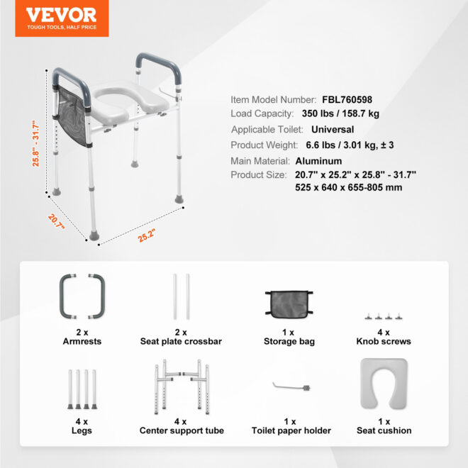 VEVOR Raised Toilet Seat, 7-Position Height Adjustment 19.3" - 25.2", 350lbs Weight Capacity, with Comfort Padded Aluminum Frame, Universal Toilet Seat Riser, for Elderly, Handicap, Pregnant, Medical - Image 7