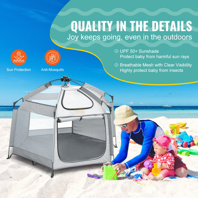VEVOR Baby Playpen with Canopy, Indoor/Outdoor Portable Playpen for Babies and Toddler, Lightweight & Foldable, Pop Up Toddler Play Yard with 3 Sun-Shades & Travel Bag for Park Beach Home, 59.8"x59.8" - Image 6