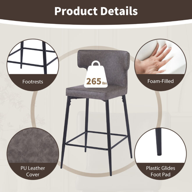 28inch Counter Height Bar Stools Set of 2, Modern Bar Upholstered Chairs with PU Leather, Metal Footrest and Frame for Kitchen Island, Bar Table, Dining Room, Gray - Image 2