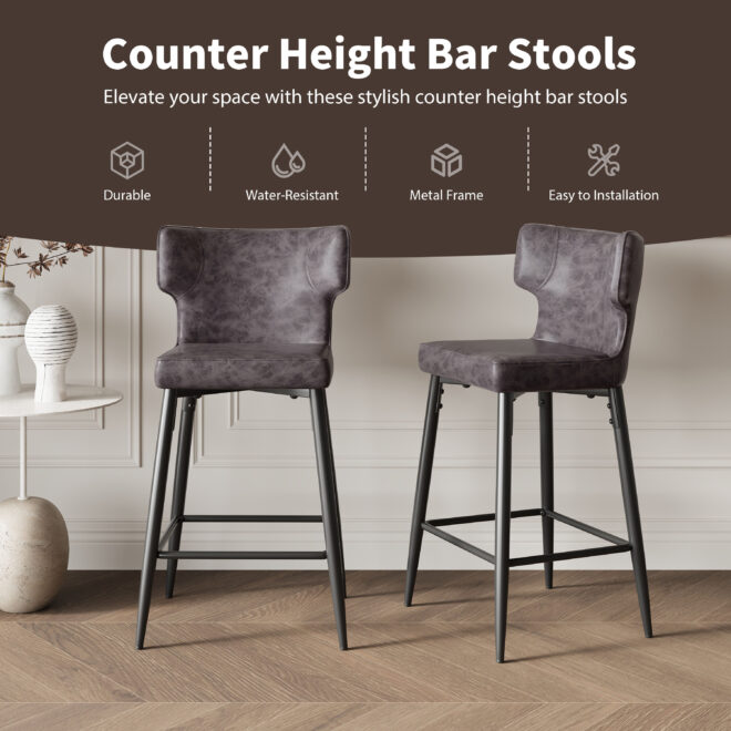 28inch Counter Height Bar Stools Set of 2, Modern Bar Upholstered Chairs with PU Leather, Metal Footrest and Frame for Kitchen Island, Bar Table, Dining Room, Gray - Image 5