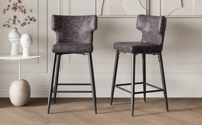 28inch Counter Height Bar Stools Set of 2, Modern Bar Upholstered Chairs with PU Leather, Metal Footrest and Frame for Kitchen Island, Bar Table, Dining Room, Gray - Image 7