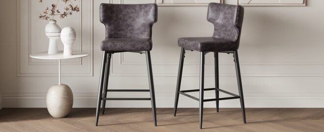 28inch Counter Height Bar Stools Set of 2, Modern Bar Upholstered Chairs with PU Leather, Metal Footrest and Frame for Kitchen Island, Bar Table, Dining Room, Gray - Image 8