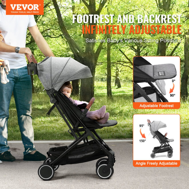 VEVOR Standard Baby Infant Stroller, Toddler Stroller with 95°-150° Adjustable Backrest & & 0/90°Adjustable Footrest & One-click Folding, Newborn Stroller with Cup Holder and Carry Bag, Dark Grey - Image 2