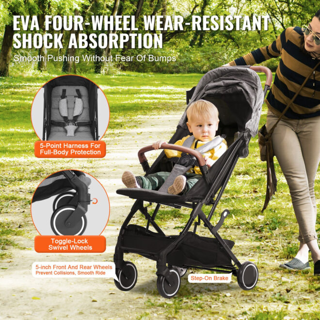 VEVOR Standard Baby Infant Stroller, Toddler Stroller with 95°-150° Adjustable Backrest & & 0/90°Adjustable Footrest & One-click Folding, Newborn Stroller with Cup Holder and Carry Bag, Dark Grey - Image 4