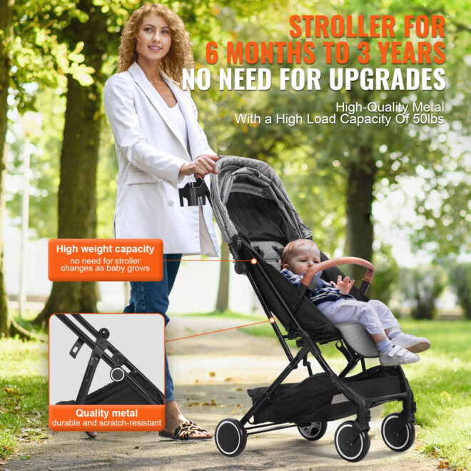 VEVOR Standard Baby Infant Stroller, Toddler Stroller with 95°-150° Adjustable Backrest & & 0/90°Adjustable Footrest & One-click Folding, Newborn Stroller with Cup Holder and Carry Bag, Dark Grey - Image 5