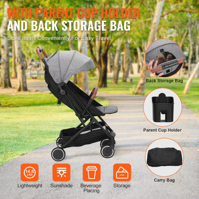VEVOR Standard Baby Infant Stroller, Toddler Stroller with 95°-150° Adjustable Backrest & & 0/90°Adjustable Footrest & One-click Folding, Newborn Stroller with Cup Holder and Carry Bag, Dark Grey - Image 6
