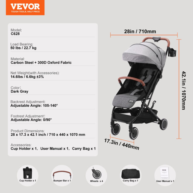 VEVOR Standard Baby Infant Stroller, Toddler Stroller with 95°-150° Adjustable Backrest & & 0/90°Adjustable Footrest & One-click Folding, Newborn Stroller with Cup Holder and Carry Bag, Dark Grey - Image 7