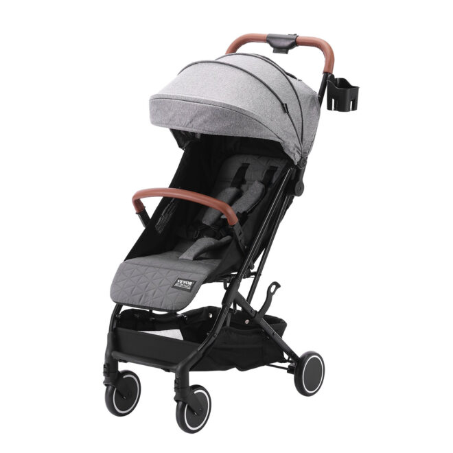 VEVOR Standard Baby Infant Stroller, Toddler Stroller with 95°-150° Adjustable Backrest & & 0/90°Adjustable Footrest & One-click Folding, Newborn Stroller with Cup Holder and Carry Bag, Dark Grey