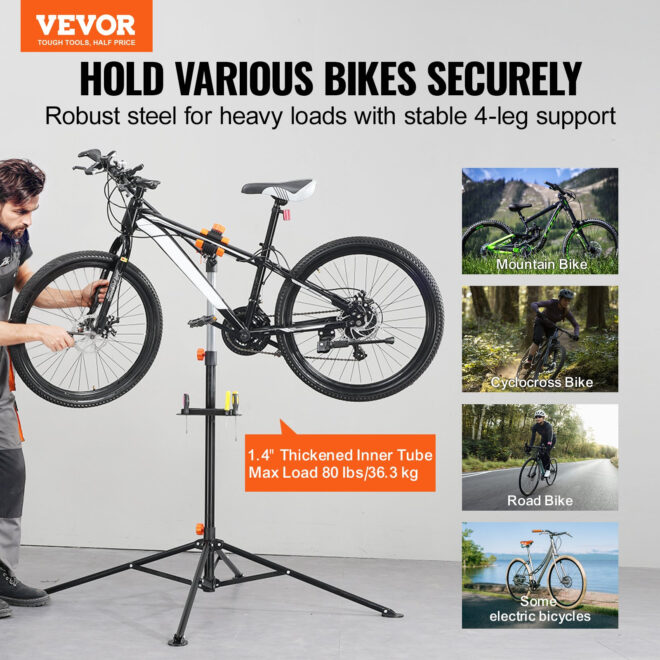 VEVOR Bike Repair Stand, 80 lbs Heavy-duty Steel Bicycle Repair Stand, Adjustable Height Bike Maintenance Workstand with Magnetic Tool Tray Telescopic Arm, Foldable Bike Work Stand for Home, Shops - Image 2