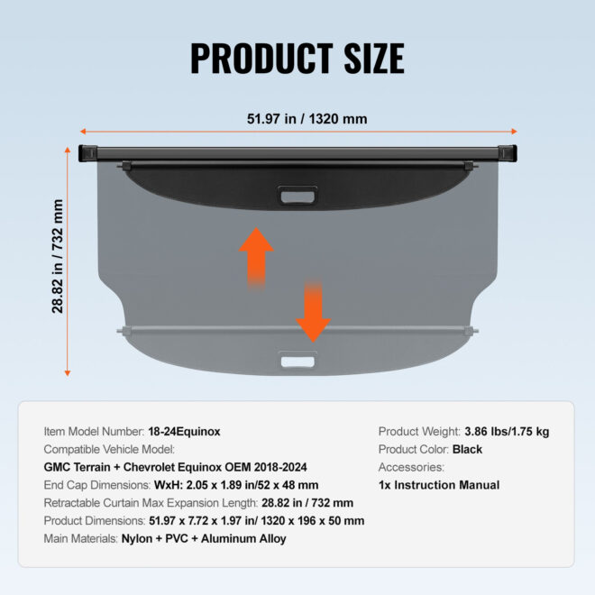 VEVOR Retractable Cargo Cover for GMC Terrain + Chevrolet Equinox 2018-2024 - Image 7