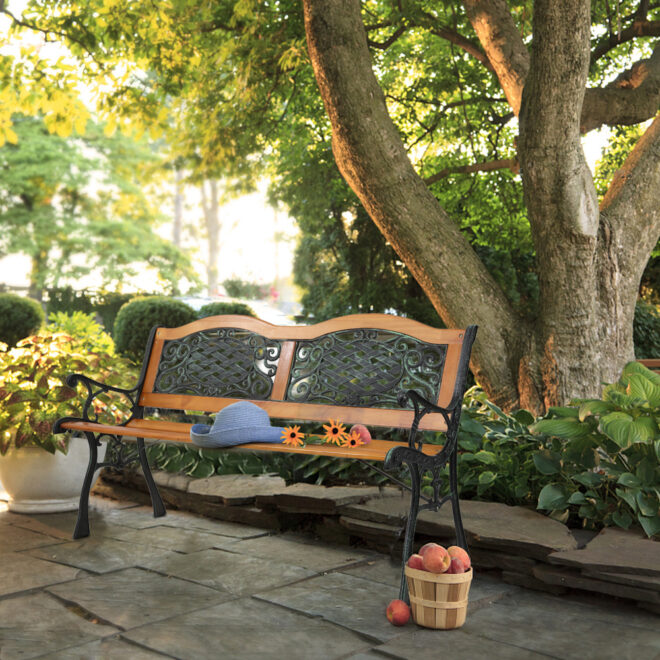 49" Garden Bench Outdoor Patio Park Chair Furniture Hardwood Slats Cast Iron Frame - Image 3