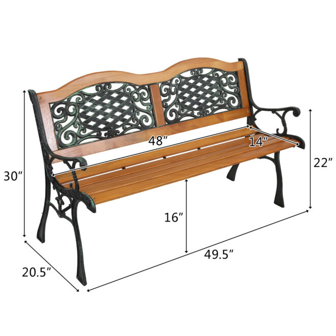 49" Garden Bench Outdoor Patio Park Chair Furniture Hardwood Slats Cast Iron Frame - Image 9