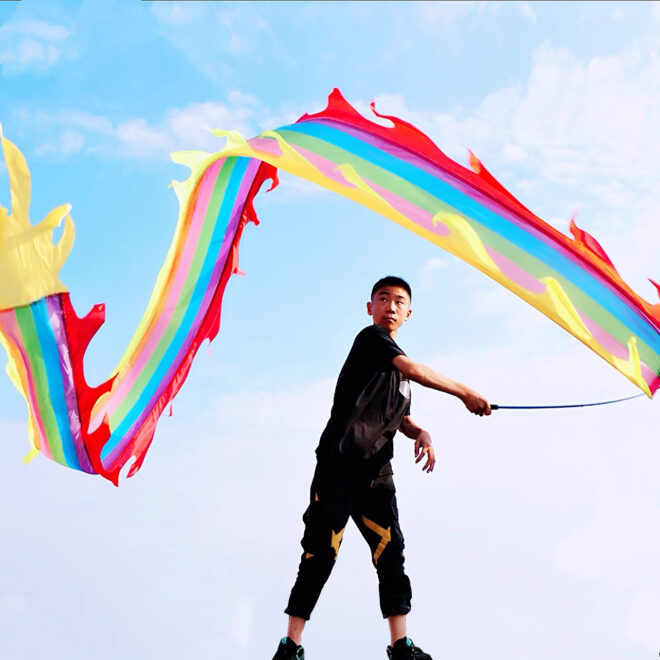 3 Meters (9.8 FT) Golden Scale Silk Dragon POI Outdoor Flinging Wind Spinners & Fitness Dragon Dance Wu Long 3D dragon Ribbon Streamer with Fiberglass Handstick + Travel Bag! - Image 9