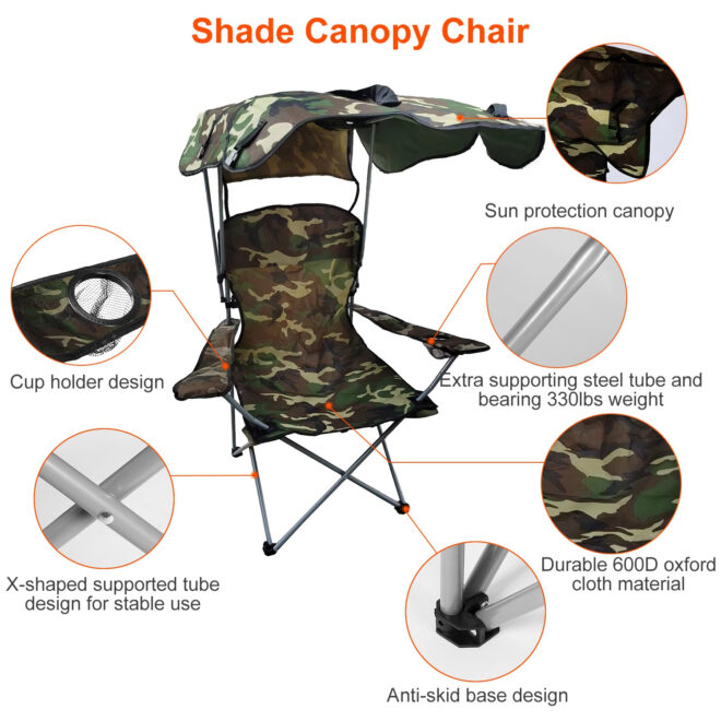 Foldable Beach Canopy Chair Sun Protection Camping Lawn Canopy Chair 330LBS Load Folding Seat - Image 2
