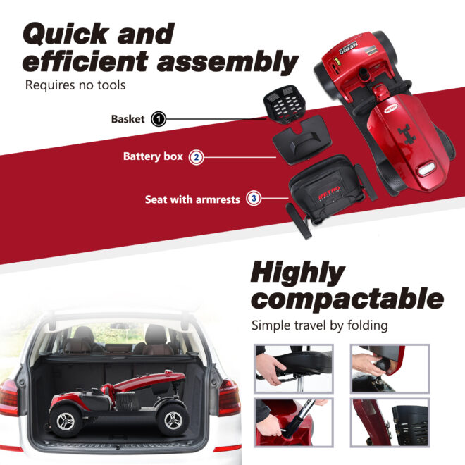 MAX PLUS RED 4 Wheels Outdoor Compact Mobility Scooter with 2pcs*20AH Lead acid Battery, 16 Miles, Cuo Holders & USB charger Port - Image 2