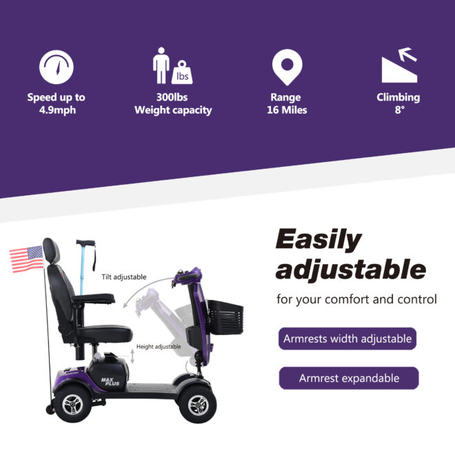 MAX PLUS DARK PURPLE 4 Wheels Outdoor Compact Mobility Scooter with 2pcs*20AH Lead acid Battery, 16 Miles, Cup Holders & USB charger Port - Image 2